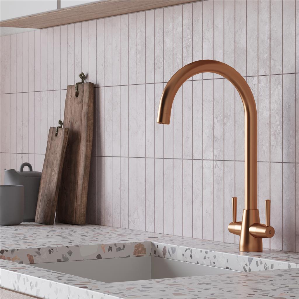 Liquida LU406CP Swivel Spout Swan Neck Twin Lever Copper Kitchen Mixer Tap